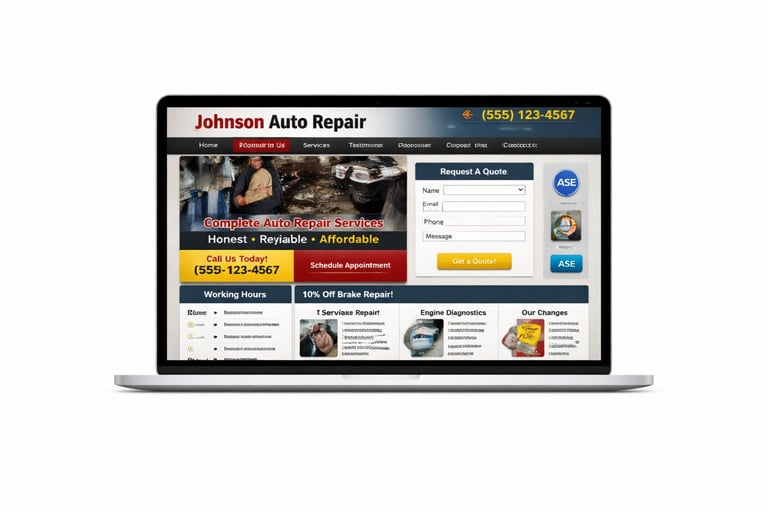 Johnson Auto Repair website displayed on a laptop showing services, contact information, and customer reviews