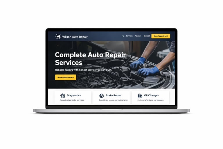 Laptop displaying a Complete Auto Repair Services website with mechanic working on engine and service options for diagnostics, brake repair, and oil changes